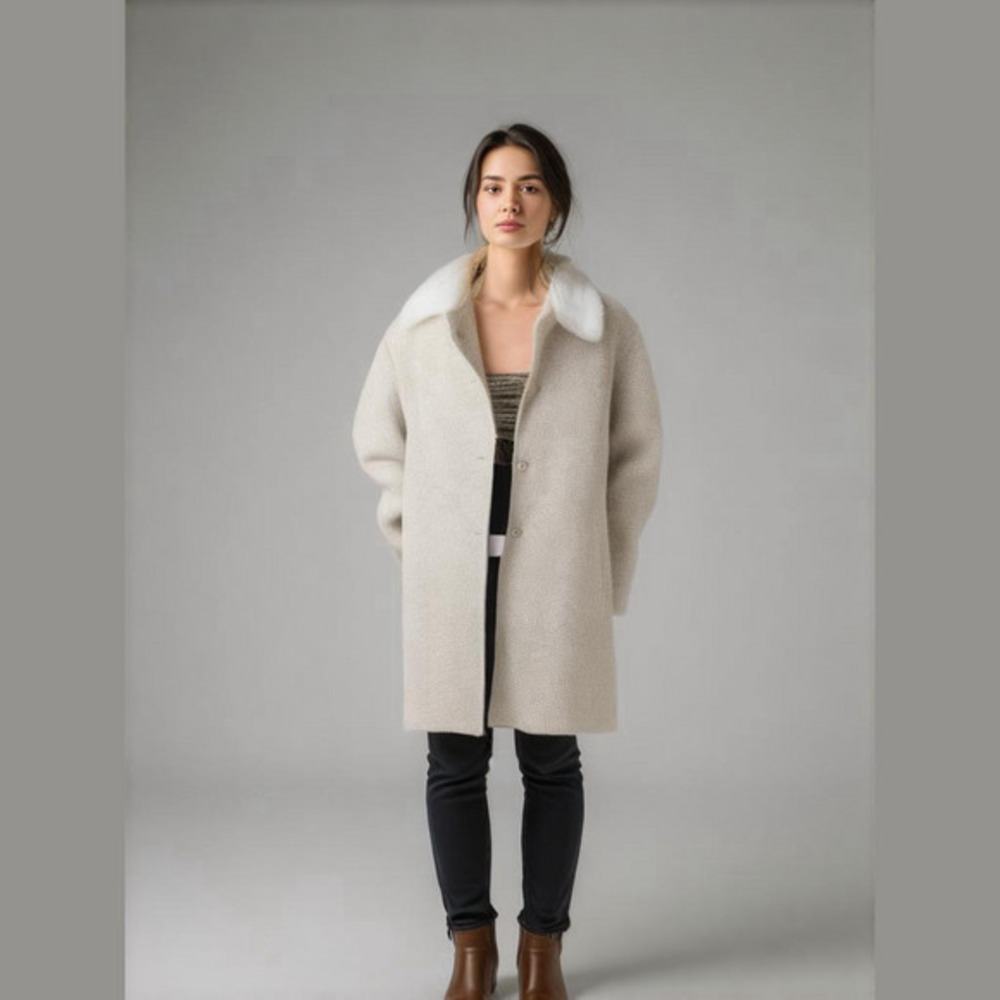 Sandro Wool Blend Tweed Coat Tan Faux Fur Collar Size 14